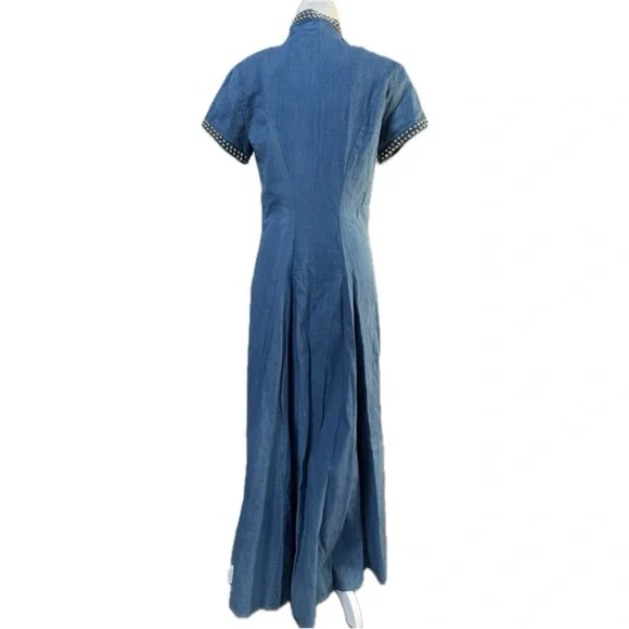 DOUBLE D RANCH Vintage Chambray Denim MaxiDress Duster Silver Concho Studs Sz S - Picture 10 of 13